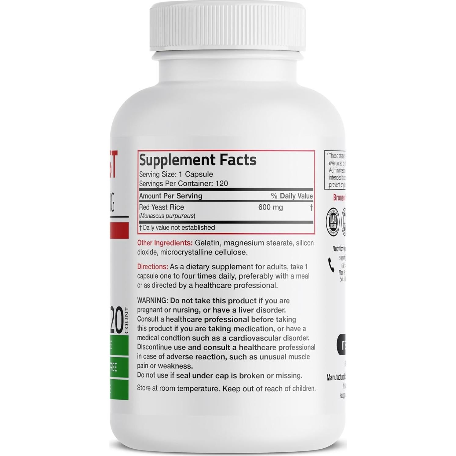 Arroz de Levadura Roja Bronson 600 MG 120 Cápsulas Salud