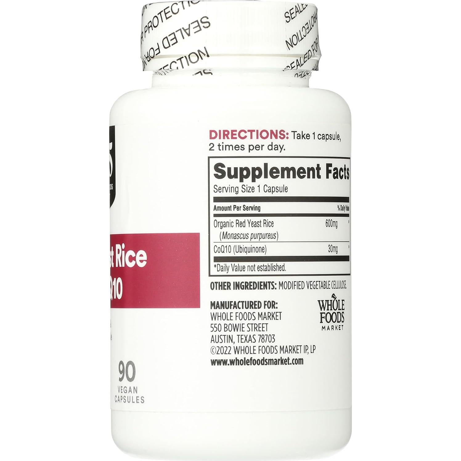 Suplemento Arroz de Levadura Roja CoQ10 365 Whole Foods 90 Cápsulas