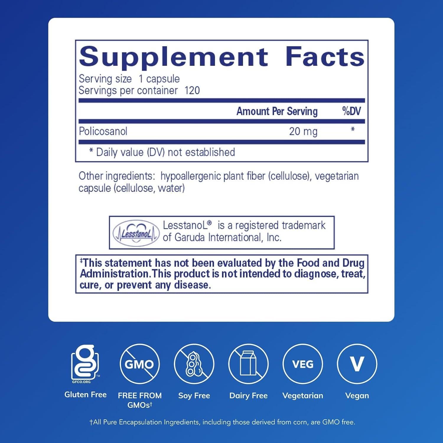 Policosanol 20 mg Pure Encapsulations | 120 Cápsulas Hipoalergénicas