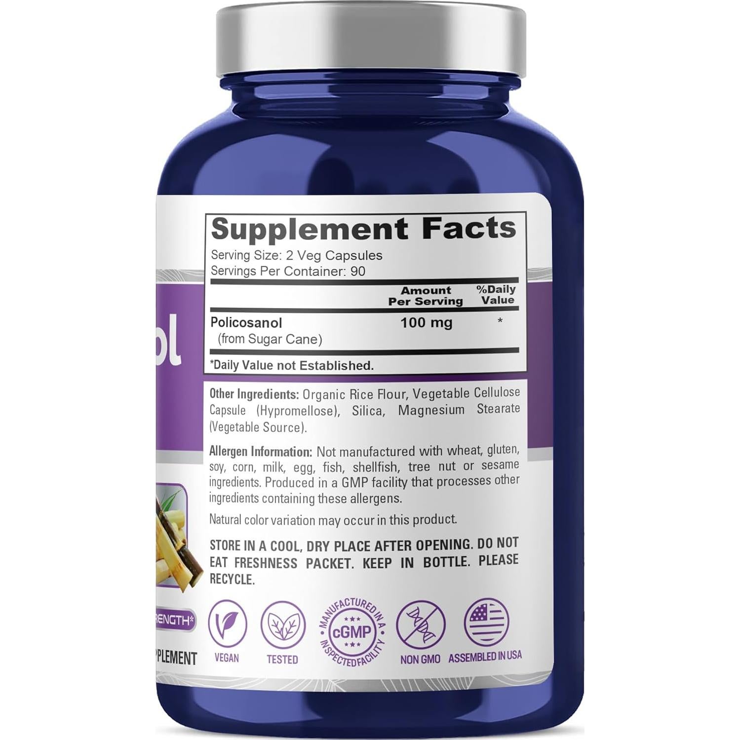 Suplemento Policosanol 100mg NusaPure 180 Cápsulas Veganas