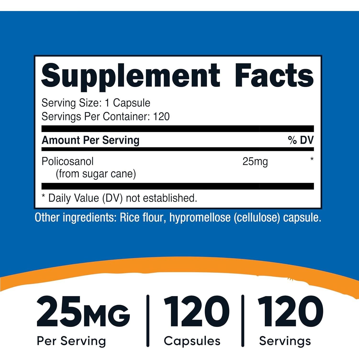 Suplemento Policosanol Nutricost 25mg 120 Cápsulas Vegetarianas