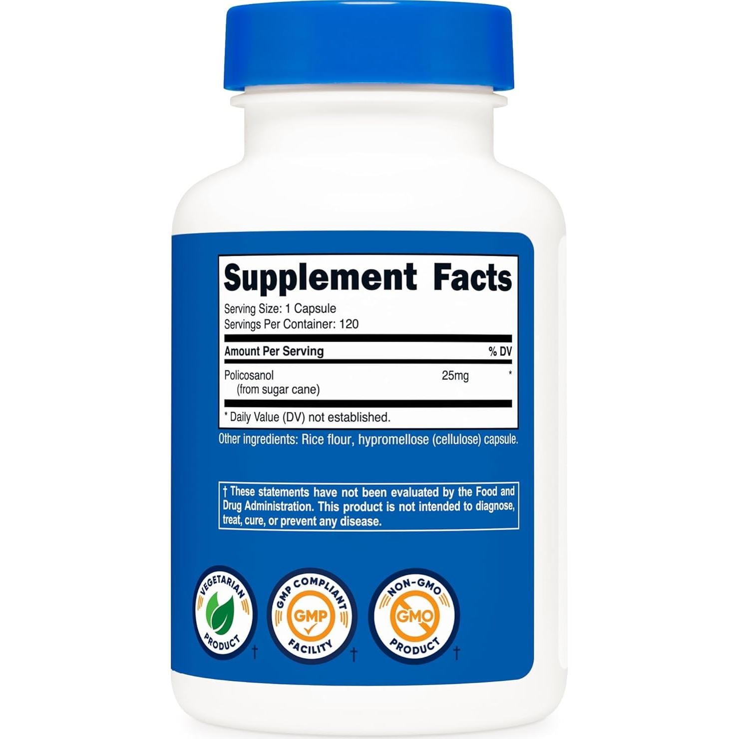 Suplemento Policosanol Nutricost 25mg 120 Cápsulas Vegetarianas