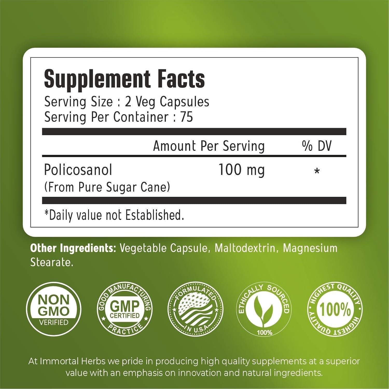 Cápsulas de Policosanol 100mg Immortal Herbs - 150 Píldoras