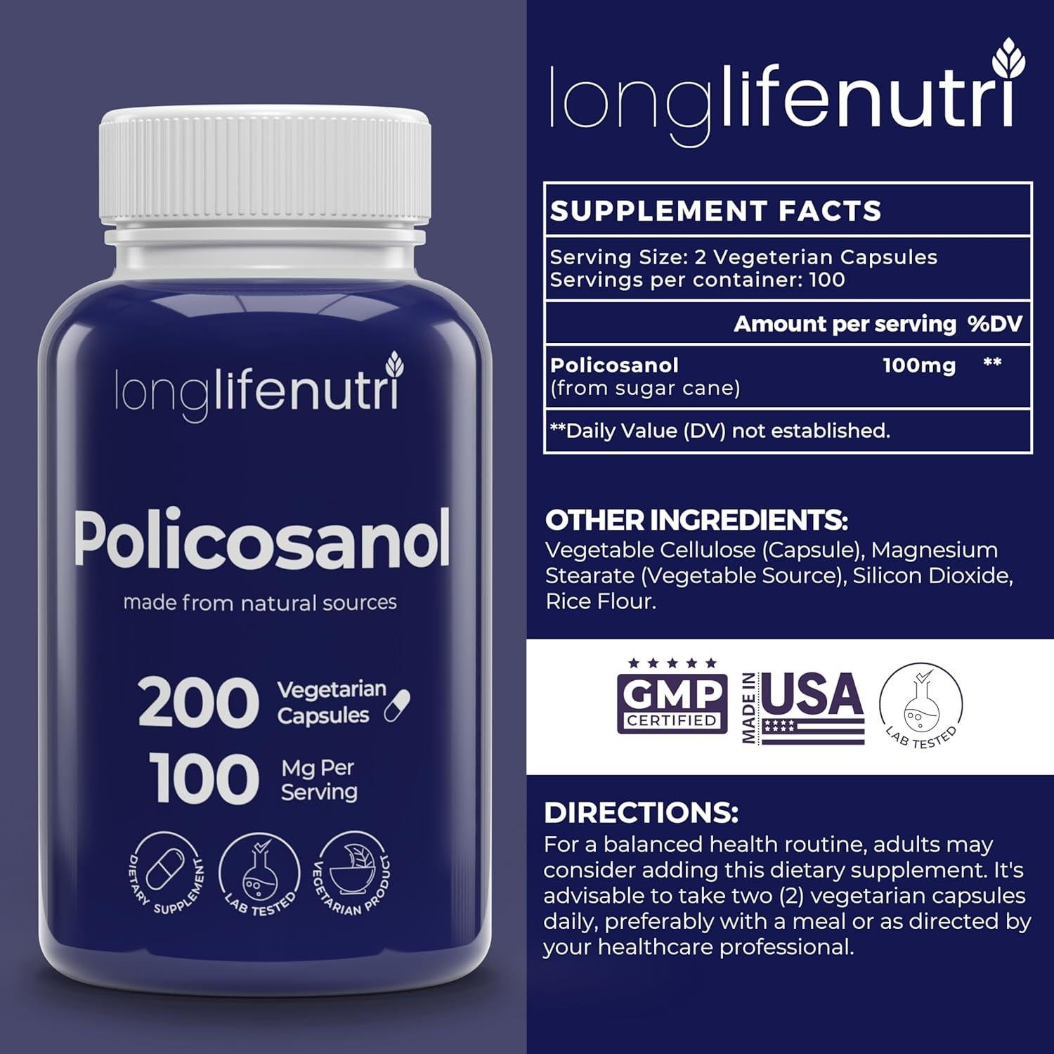 LongLifeNutri Policosanol 100mg - 200 Cápsulas Vegetarianas