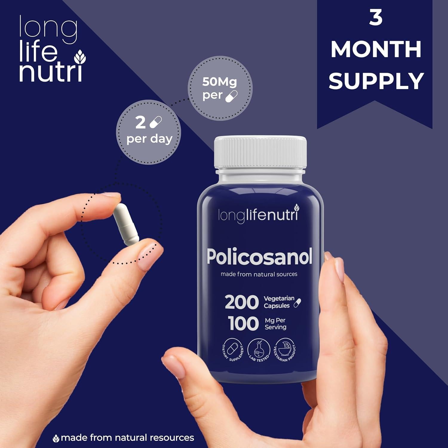 LongLifeNutri Policosanol 100mg - 200 Cápsulas Vegetarianas