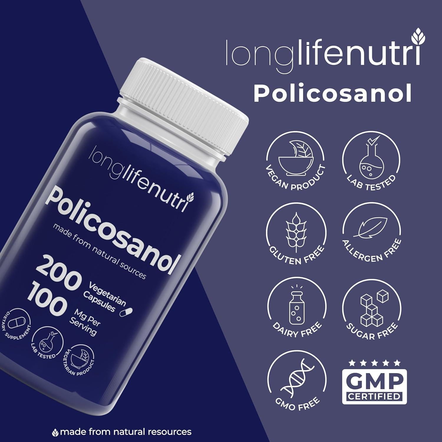 LongLifeNutri Policosanol 100mg - 200 Cápsulas Vegetarianas