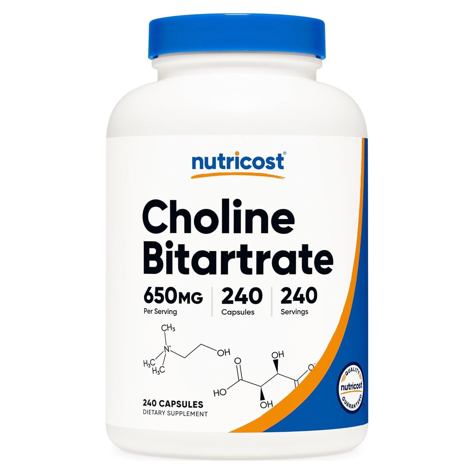 Bitartrato de Colina Nutricost 650mg 240 Cápsulas Vegetarianas