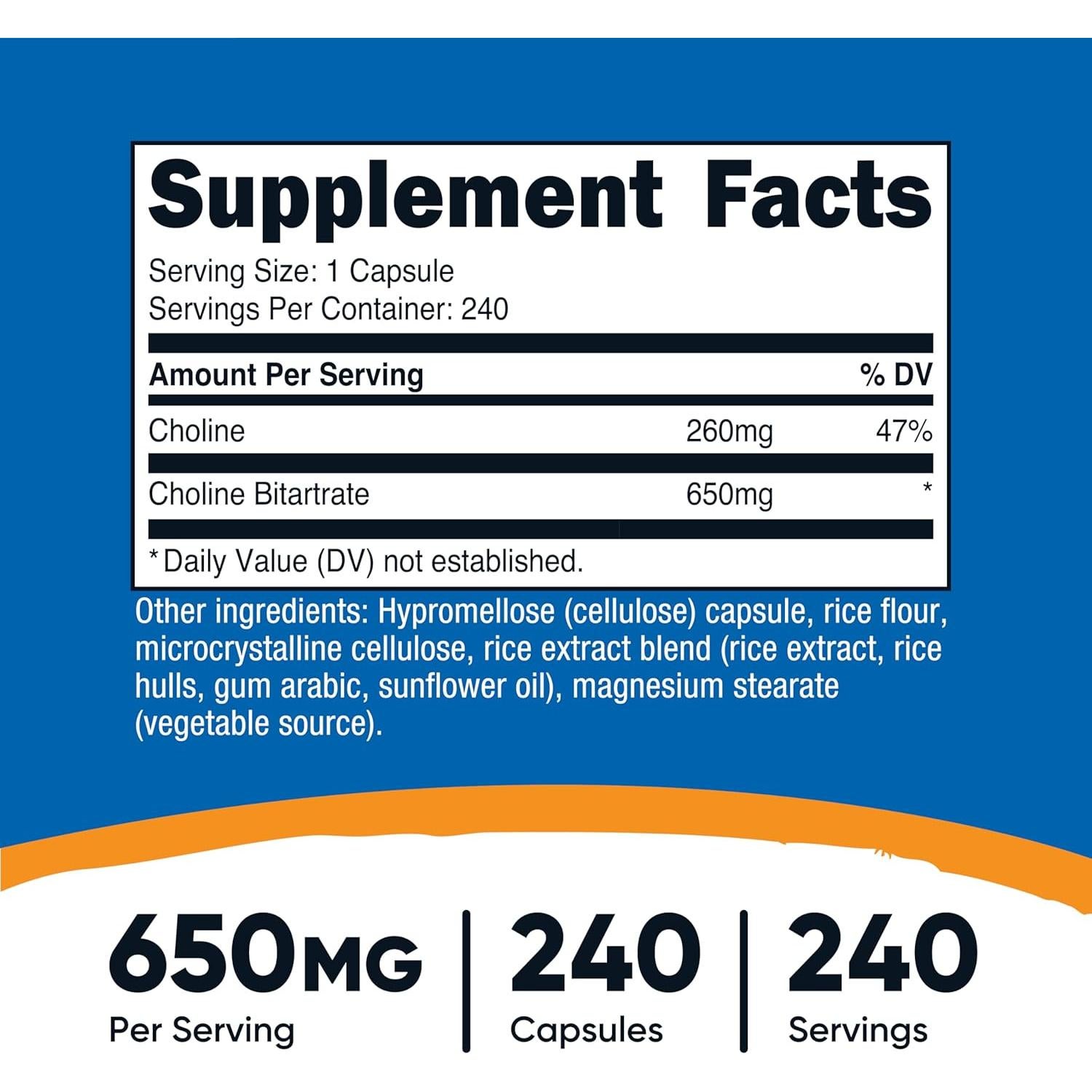 Bitartrato de Colina Nutricost 650mg 240 Cápsulas Vegetarianas
