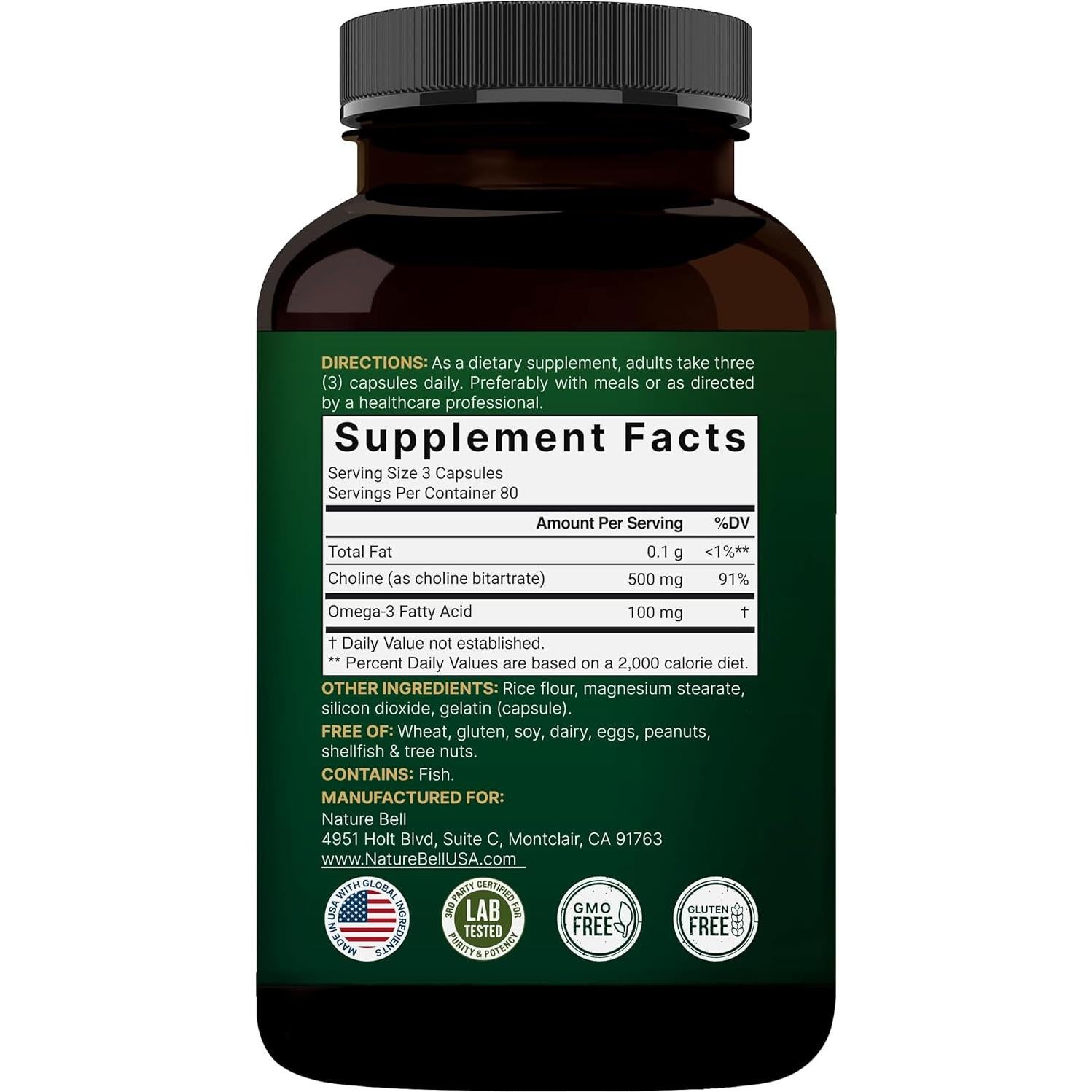 Suplemento de Colina NatureBell 500mg + Omega-3 240 Cápsulas