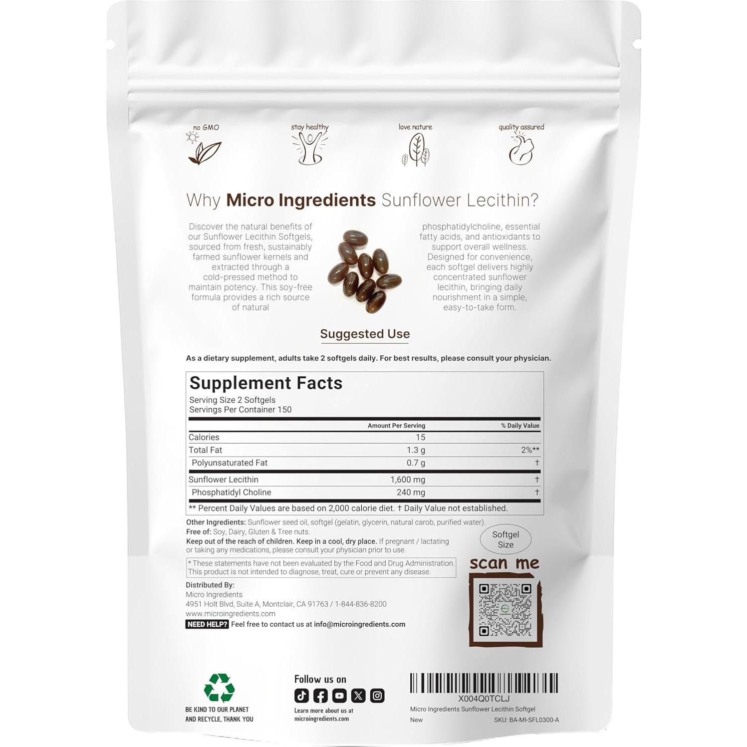 Lecitina de Girasol Micro Ingredients 1600mg 300 Gelatinas