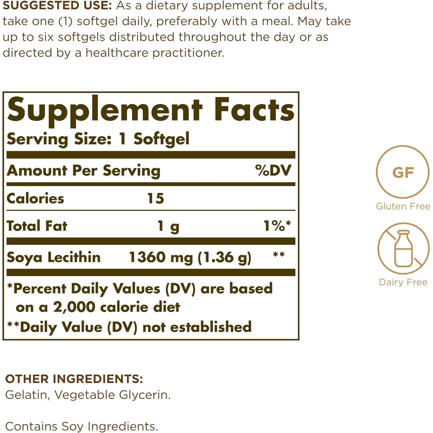 Lecitina de Soja Solgar 1360 mg - 100 Softgels Sin Gluten