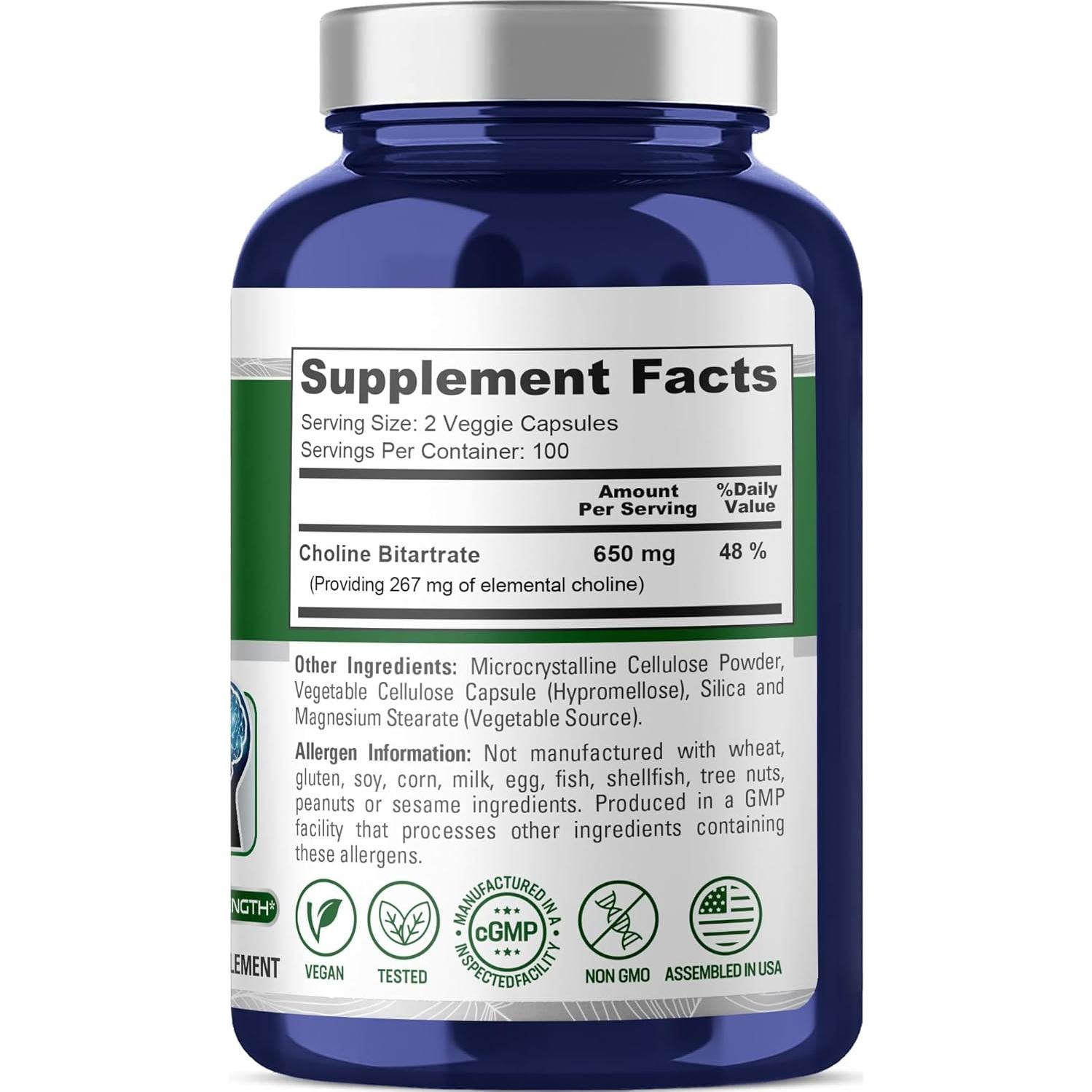 NusaPure Bitartrato de Colina 650 mg - 200 Cápsulas Veganas