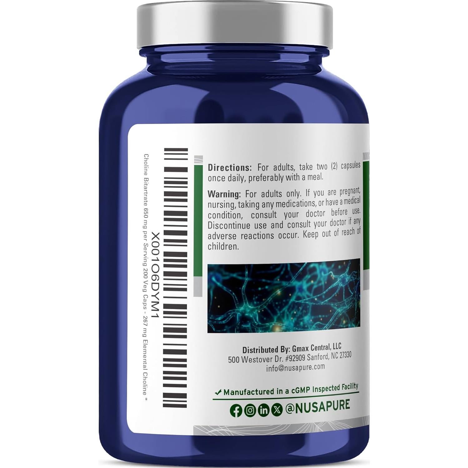 NusaPure Bitartrato de Colina 650 mg - 200 Cápsulas Veganas