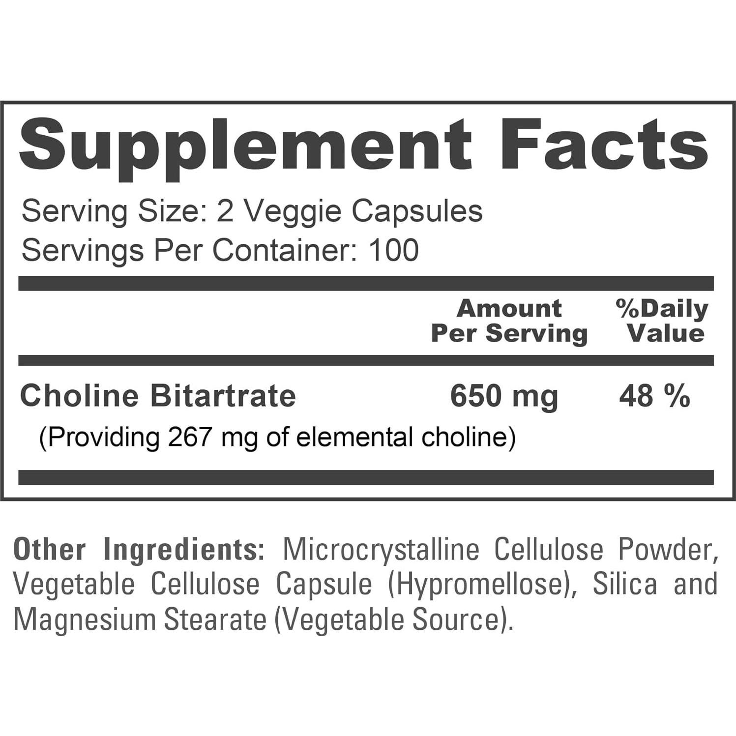 NusaPure Bitartrato de Colina 650 mg - 200 Cápsulas Veganas