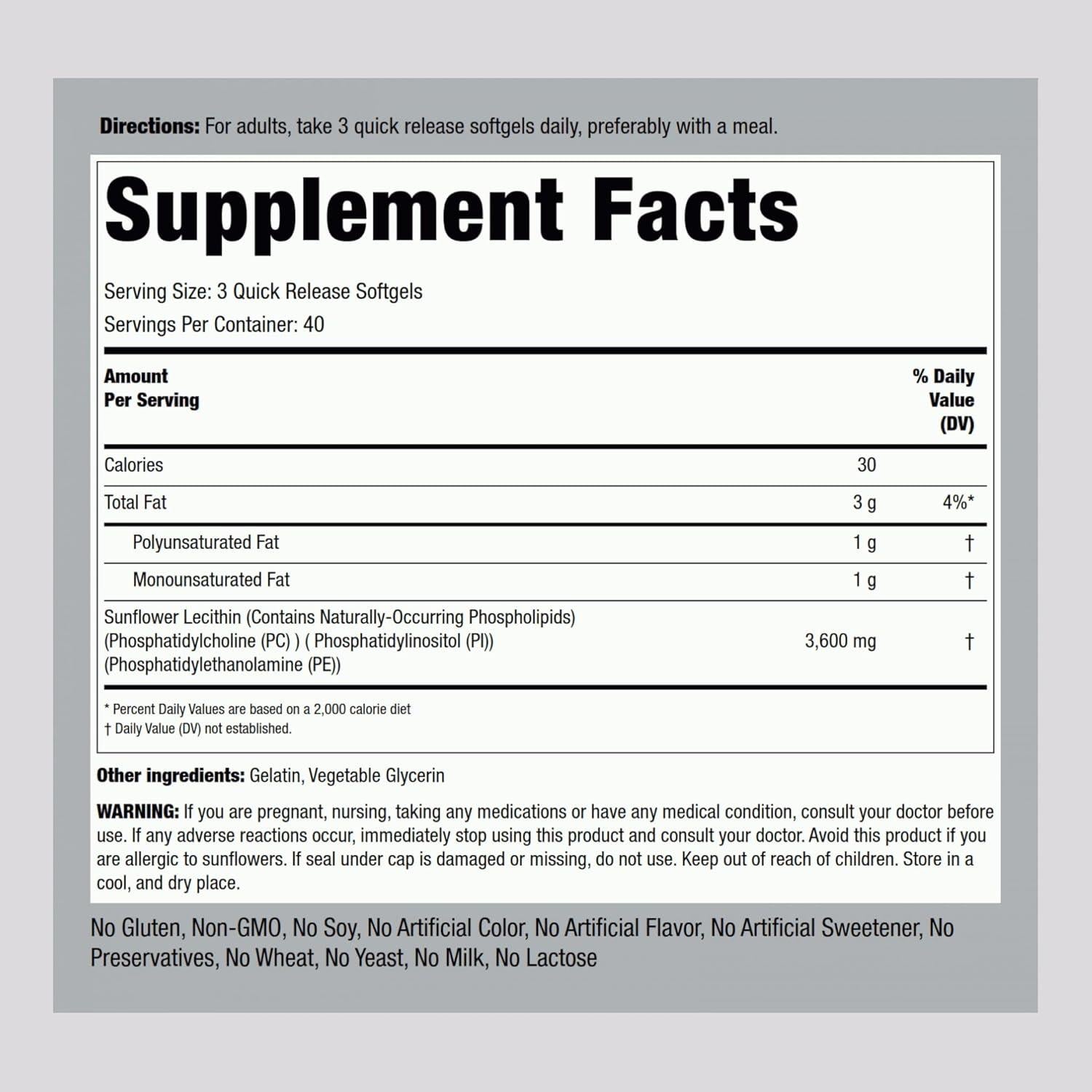 Cápsulas de Gel Suaves Piping Rock Lecitina de Girasol 3600 mg 120 Conteo