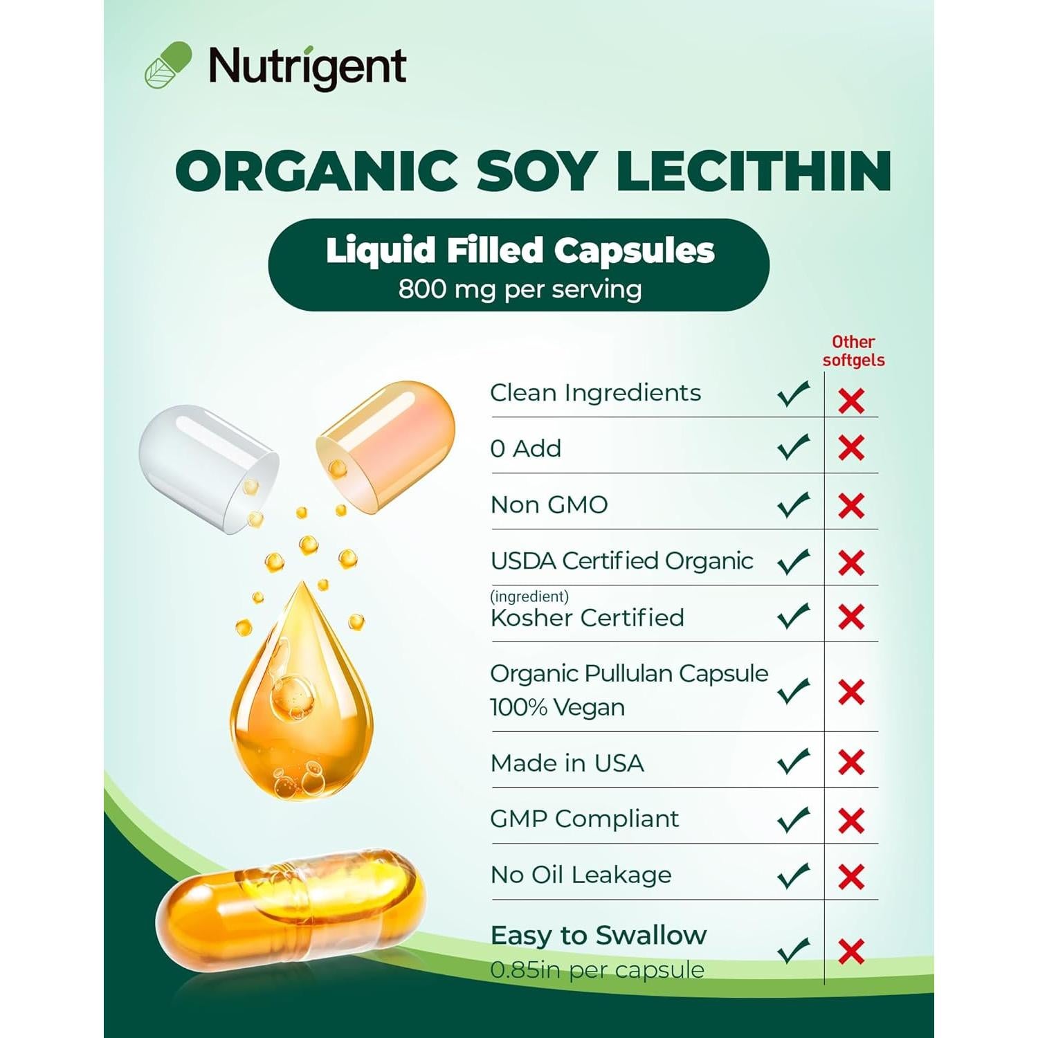 Suplemento de Lecitina de Soja Orgánica Nutrigent 800 mg - 60 Cápsulas