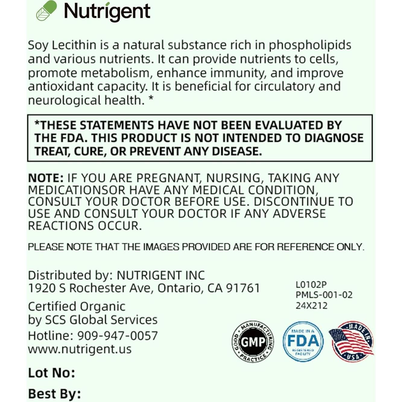 Suplemento de Lecitina de Soja Orgánica Nutrigent 800 mg - 60 Cápsulas