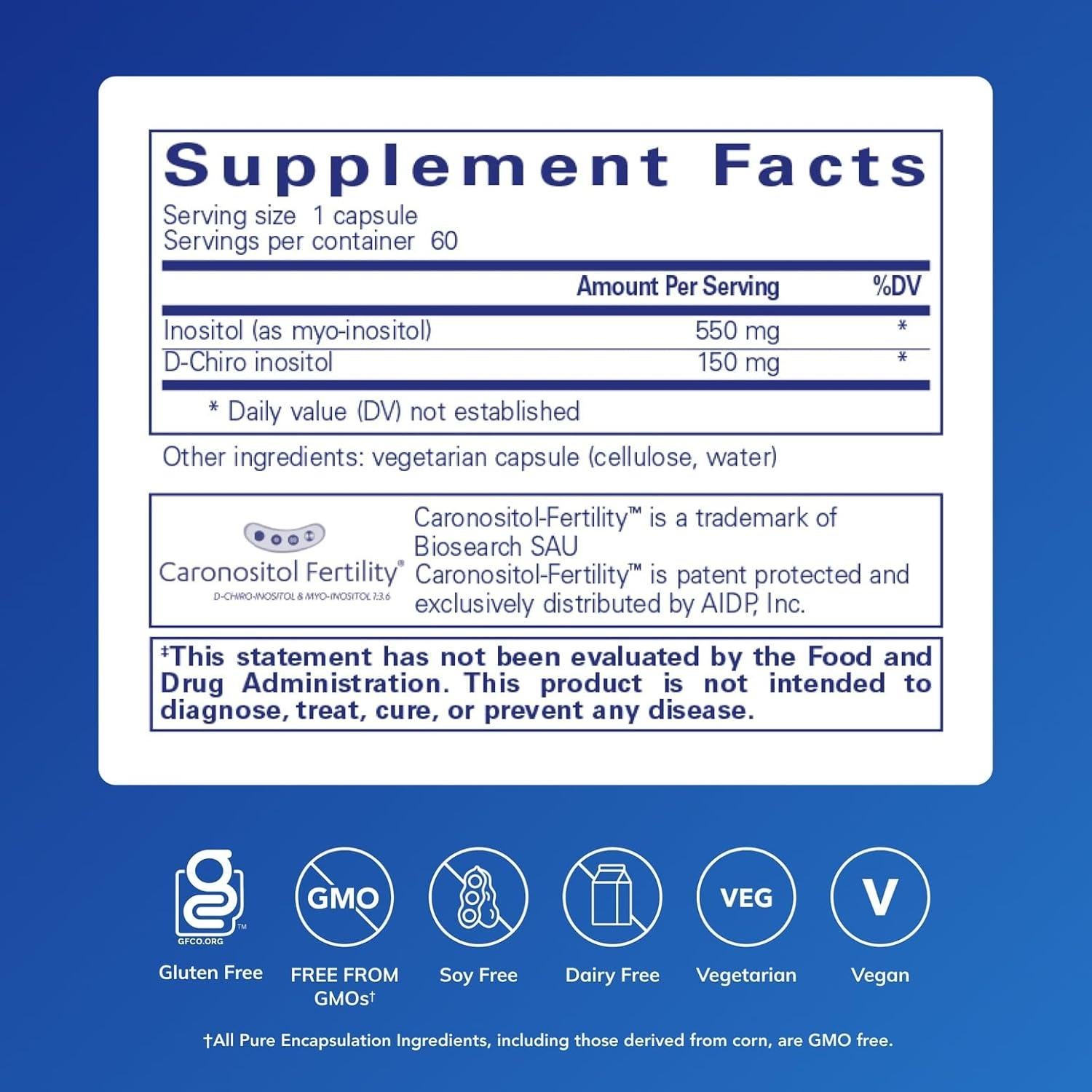 Inositol Pure Encapsulations 60 Cápsulas | Apoyo Energía y Salud Ovárica