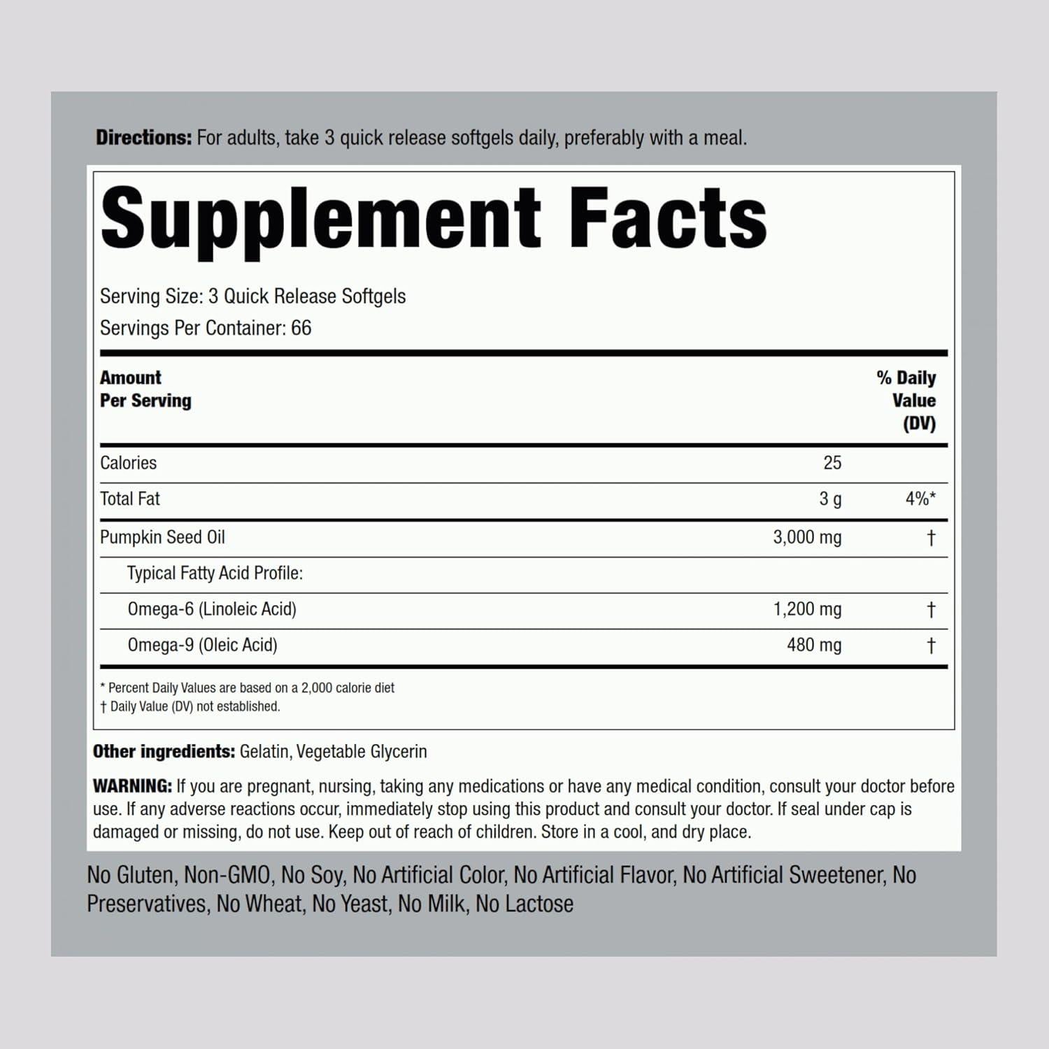 Cápsulas de gel blando Piping Rock Aceite Semilla Calabaza 3000mg