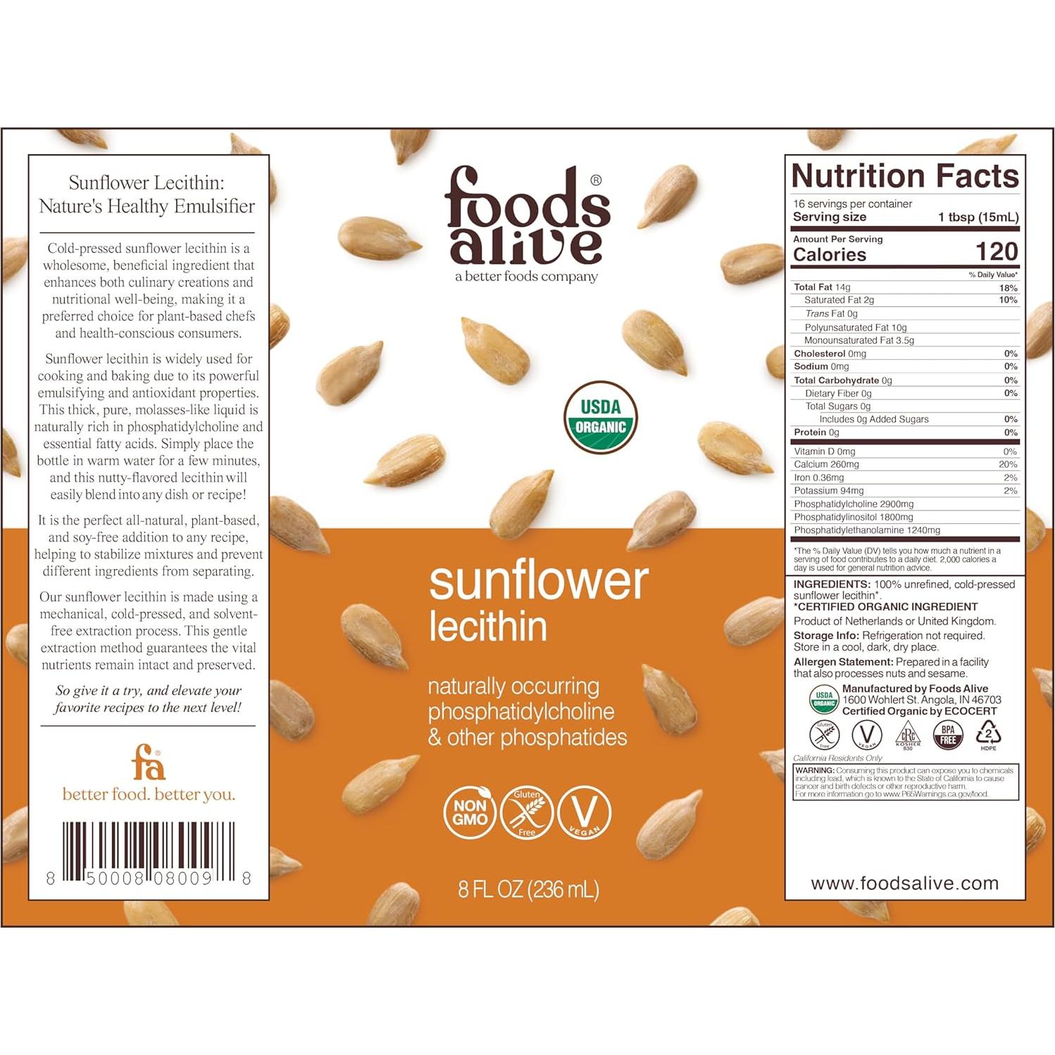 Lecitina de Girasol Orgánica Foods Alive 240ml Prensada en Frío