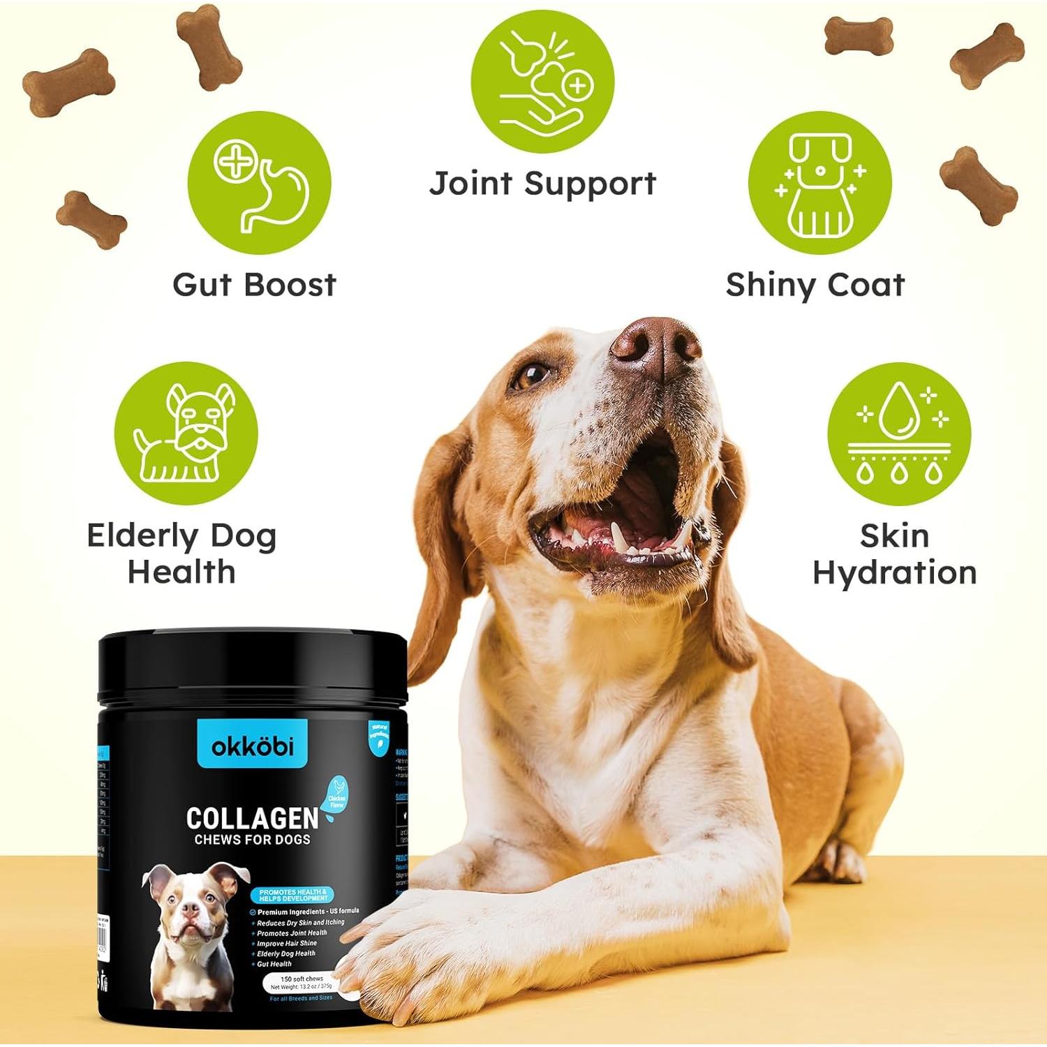 Colágeno para Perros OKKÖBI - 150 Masticables Pollo - Articulaciones y Piel