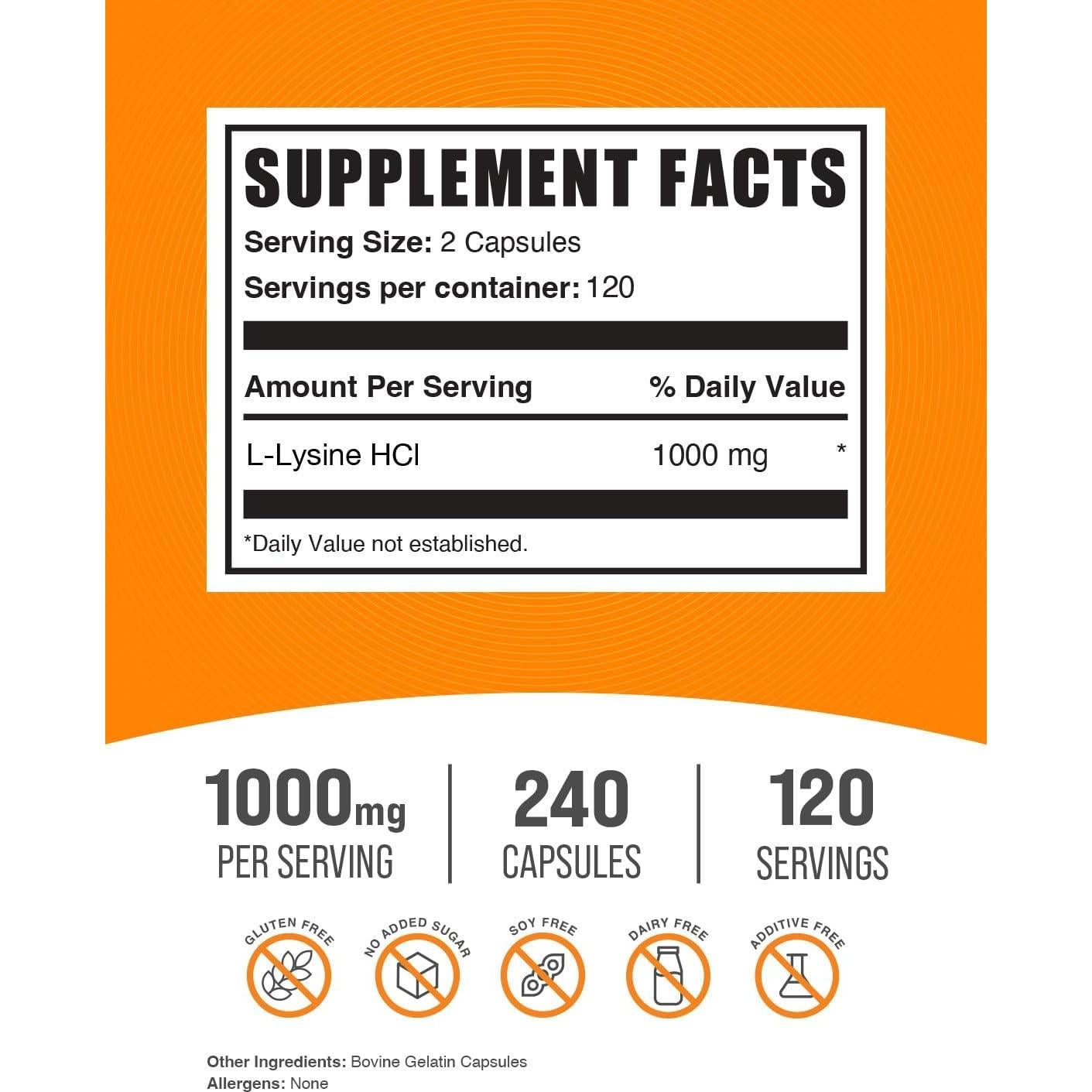 Cápsulas de L-Lisina HCl BulkSupplements 1000mg - 240 Unidades