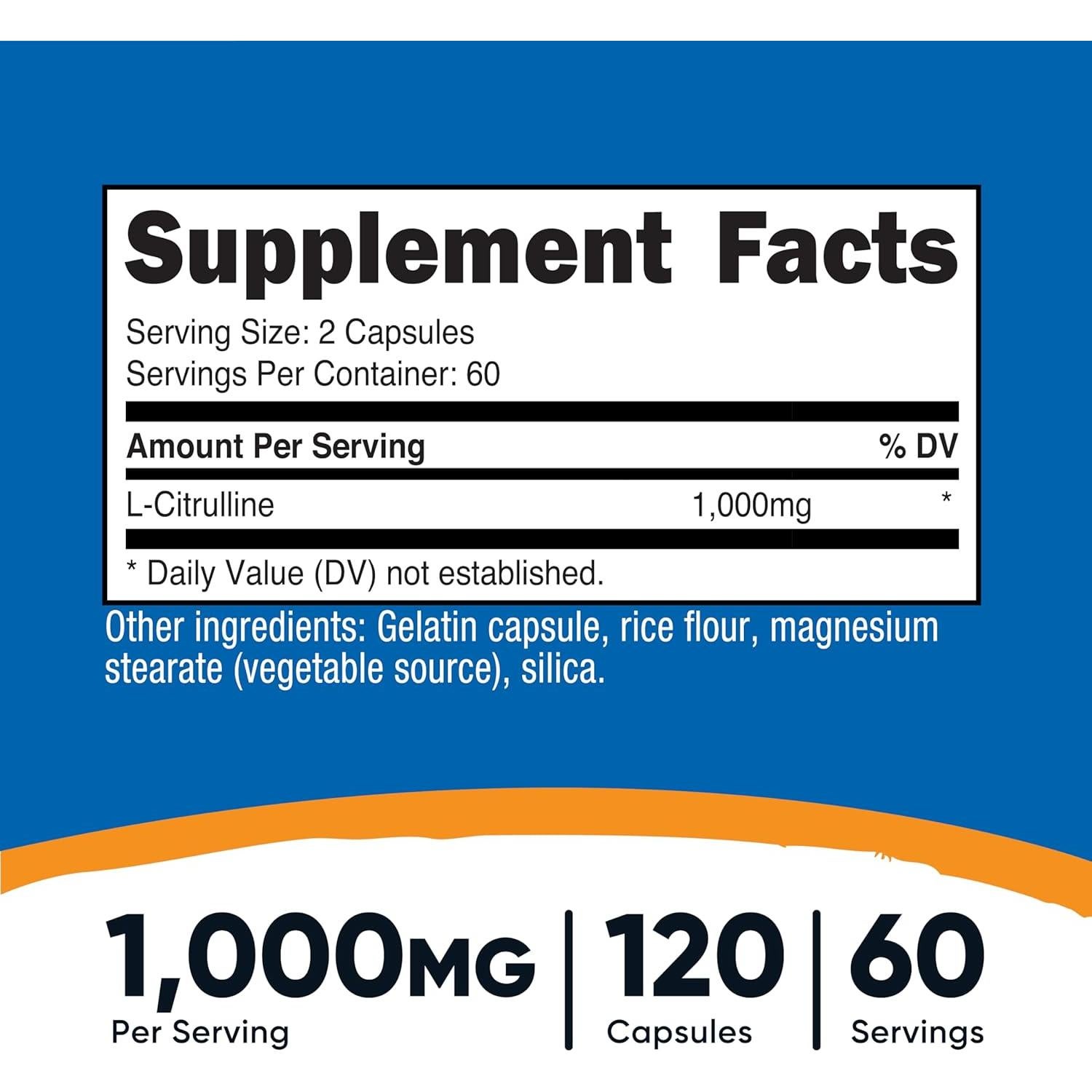 L-Citrulina Nutricost 500mg 120 Cápsulas Sin Gluten