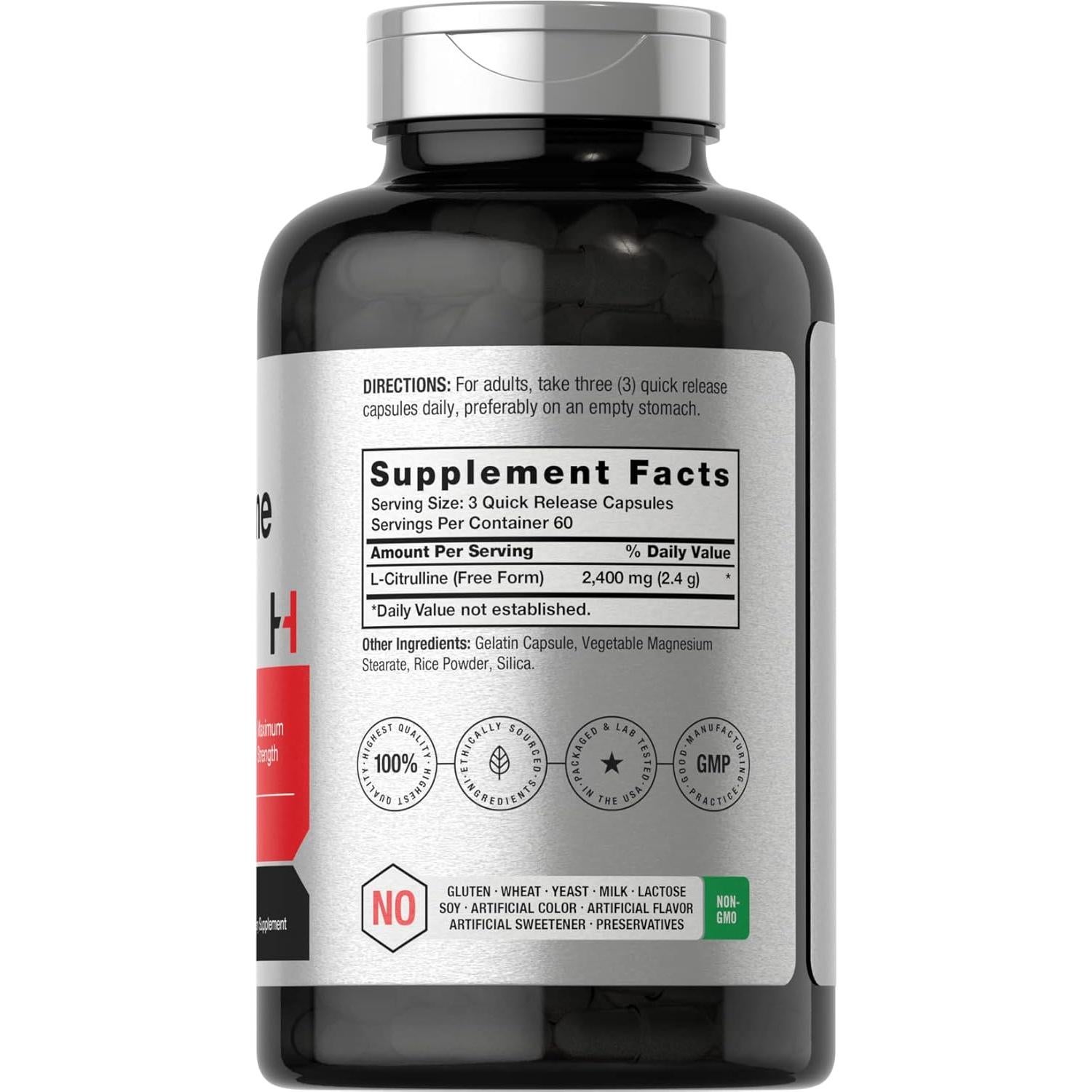 Suplemento L-Citrulina Horbaach 2400 mg 180 Cápsulas Sin Gluten