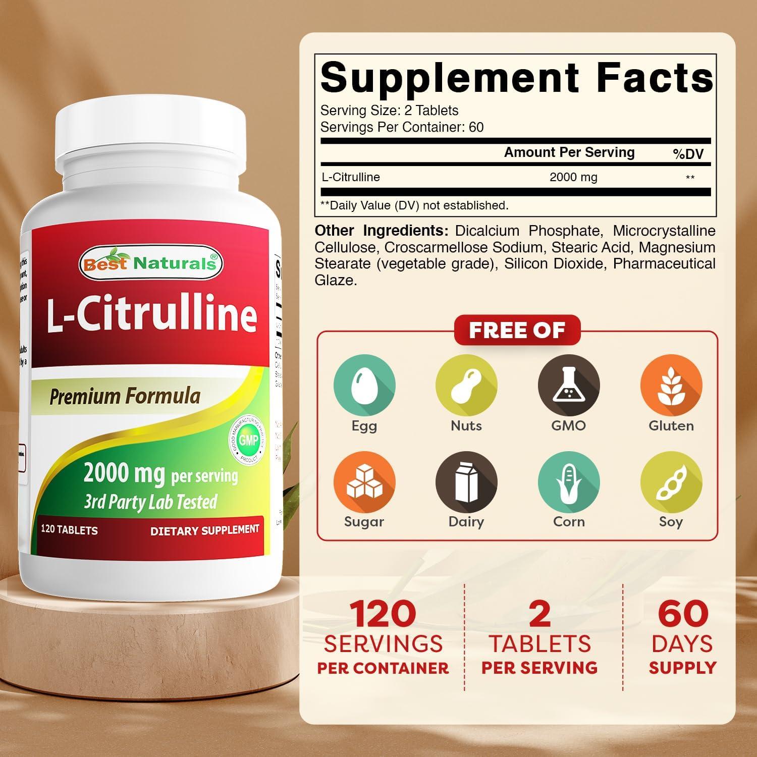 L-Citrulina 2000mg Mejores Naturales - 120 Tabletas Sin Gluten