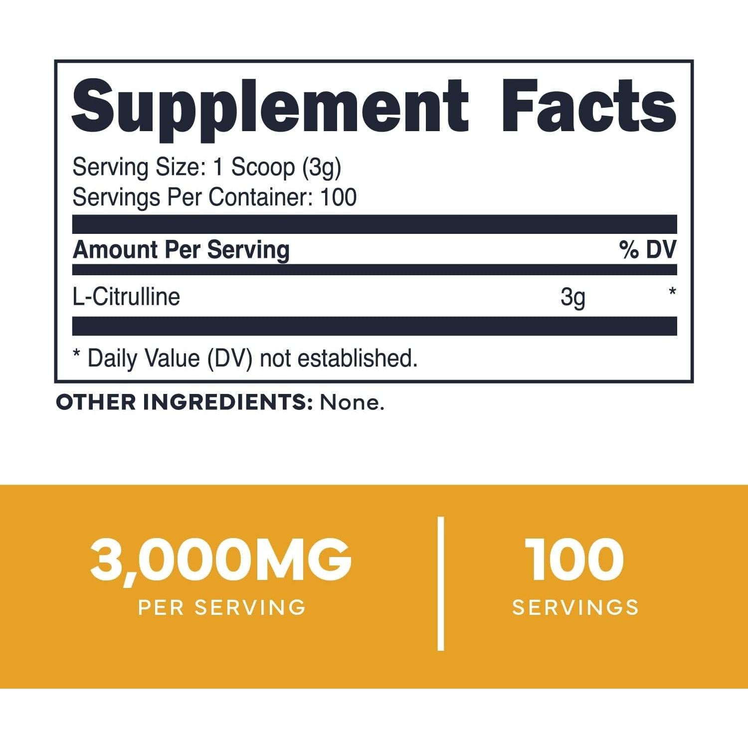 Suplemento de L-Citrulina Pura Tipo Cero 300g - 100 Porciones
