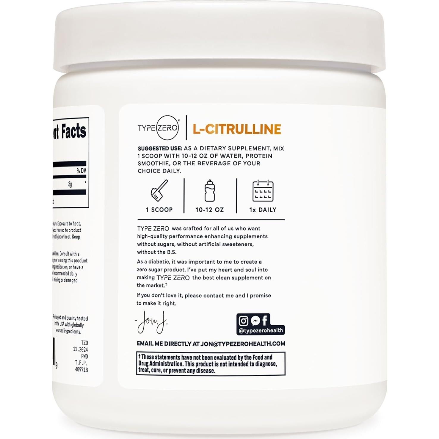 Suplemento de L-Citrulina Pura Tipo Cero 300g - 100 Porciones