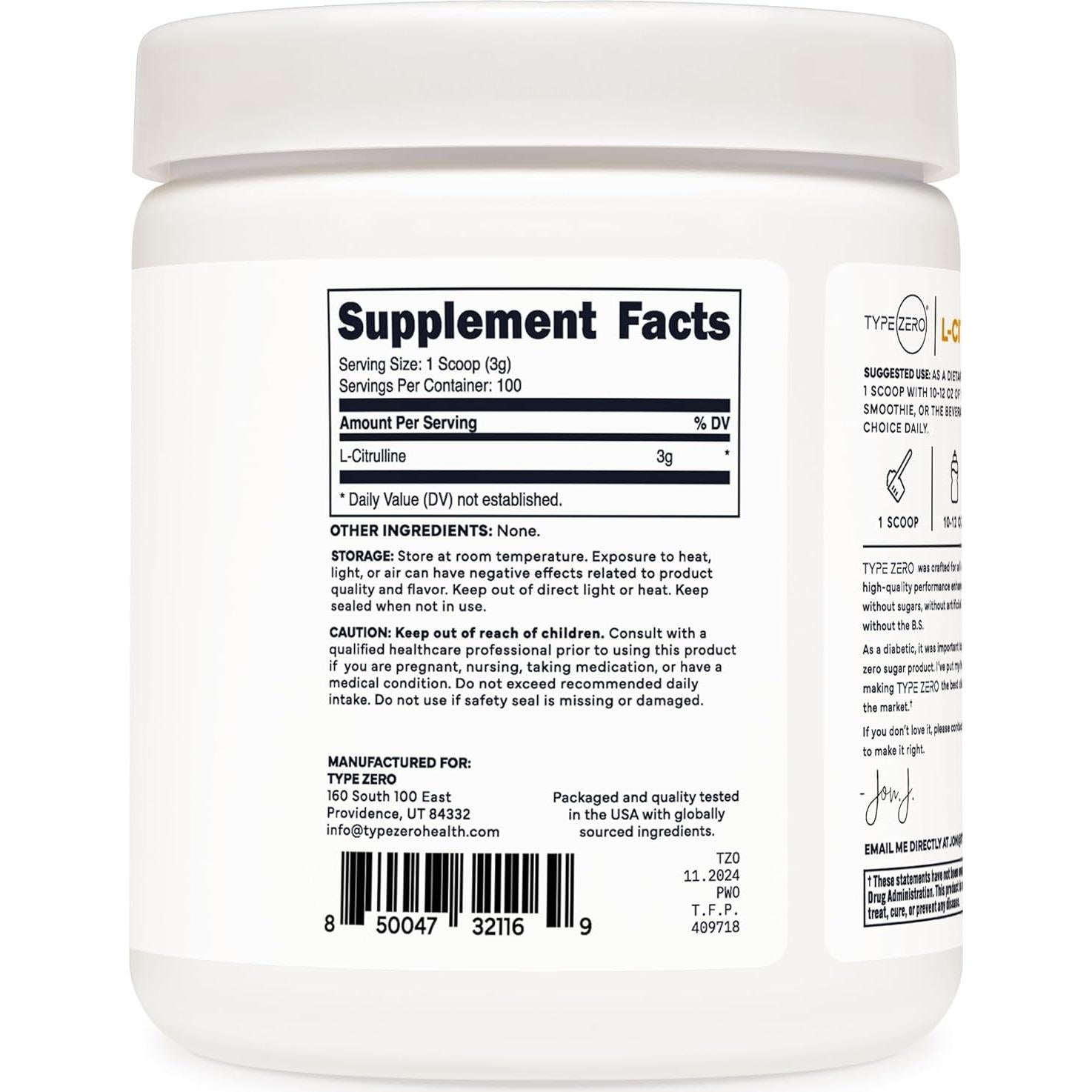 Suplemento de L-Citrulina Pura Tipo Cero 300g - 100 Porciones