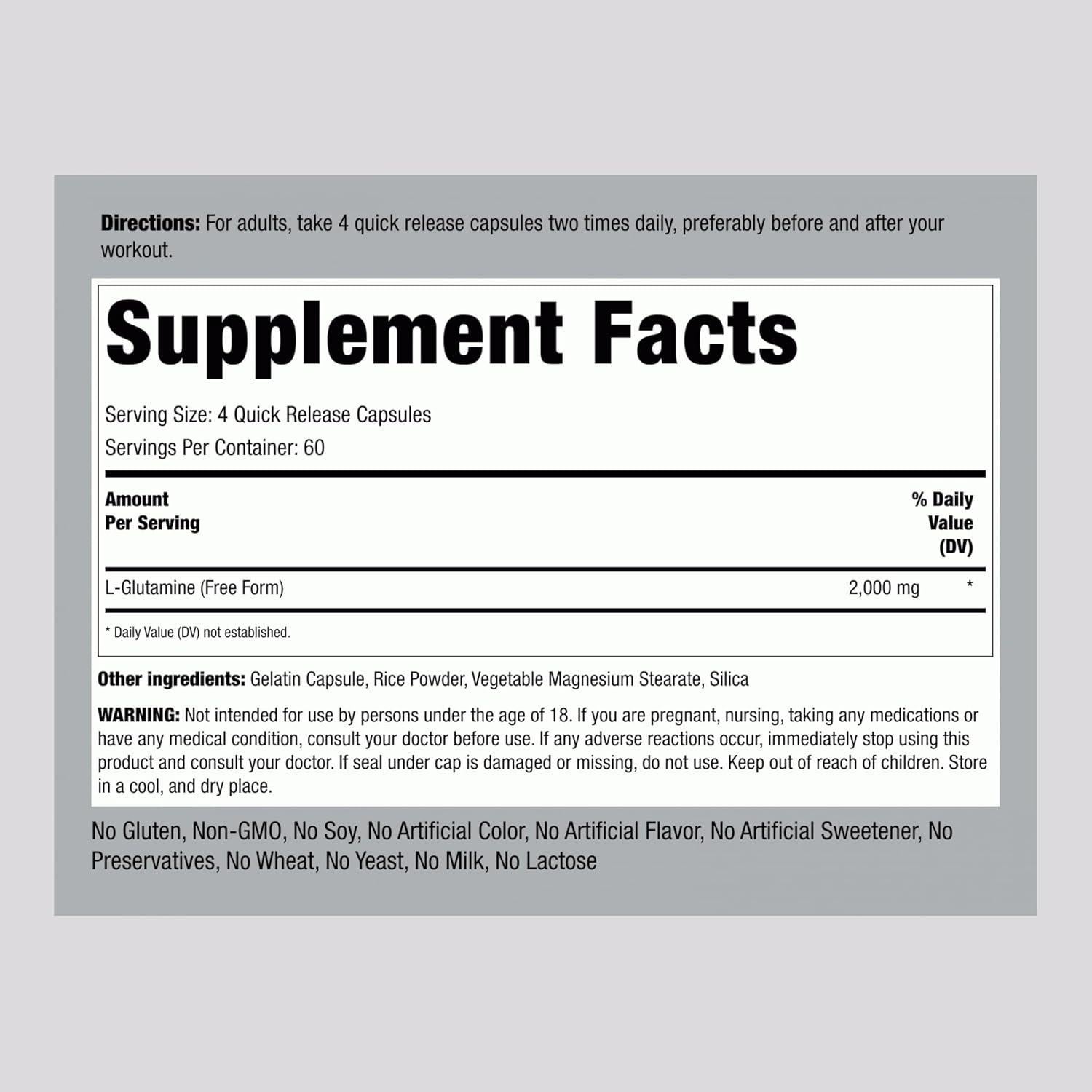 Glutamina en Cápsulas Piping Rock 2000 mg - 240 Unidades