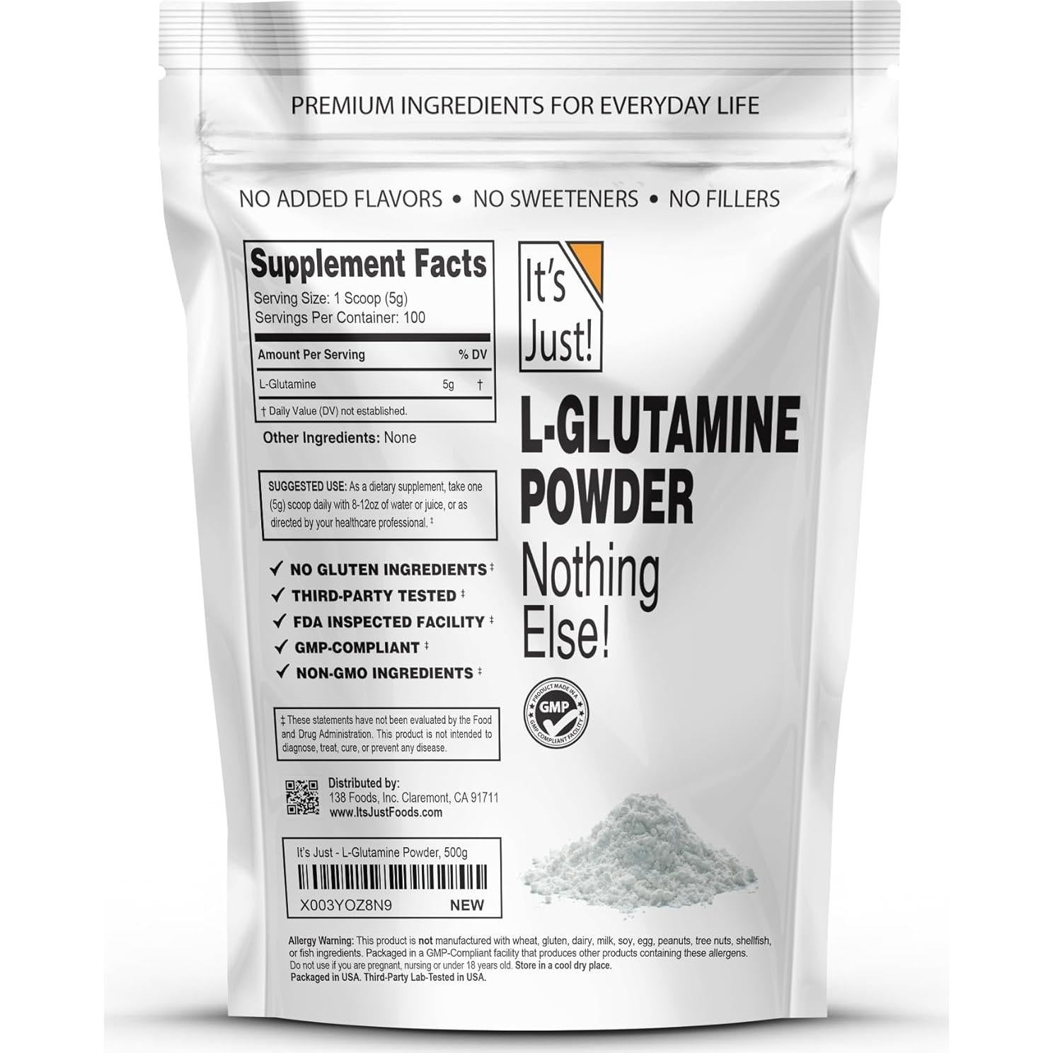 Polvo de L-Glutamina 500g ¡Es Justo! - Sin Sabor, 100 Porciones