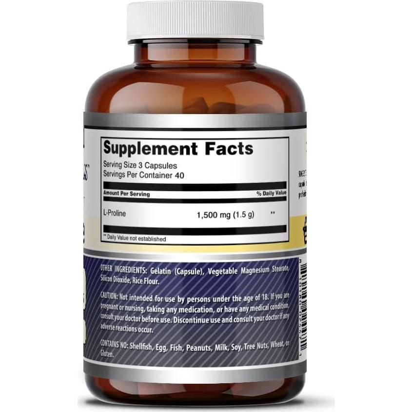 Suplemento L-Prolina 1500 Mg Nutrición Asombrosa 120 Cápsulas