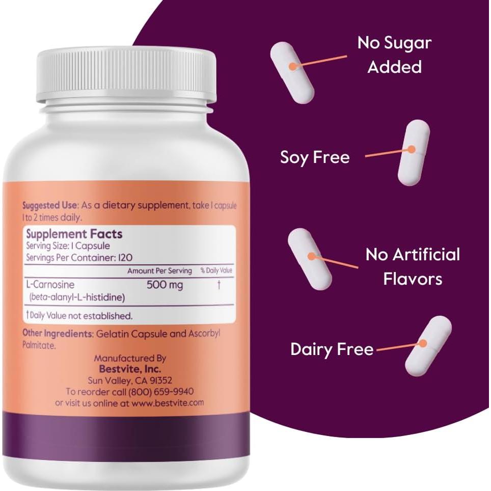 Suplemento L-Carnosina 500mg Bestvite 120 Cápsulas Sin Gluten