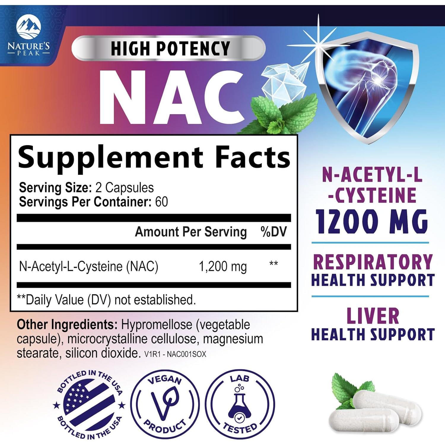 Suplemento NAC 1200mg Nature's Nutrition - Antioxidante Vegano