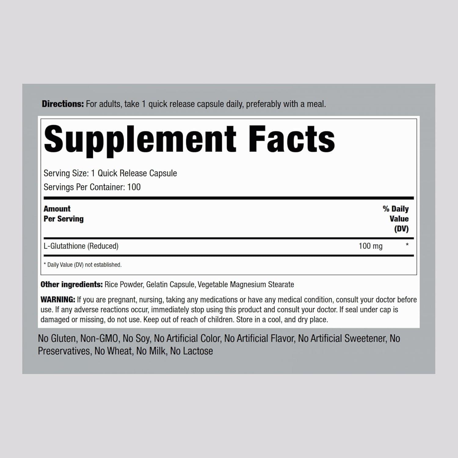 Suplemento L-Glutati&oacute;n Piping Rock 100 mg 100 C&aacute;psulas