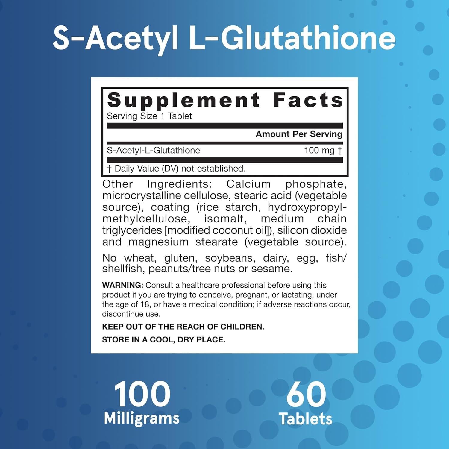 Tabletas S-Acetil L-Glutatión Jarrow Formulas 100 mg - 60 Unidades - Antioxidante y Desintoxicante - Sin Gluten