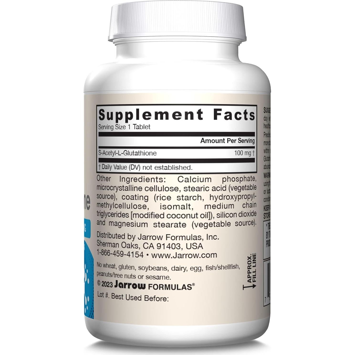 Tabletas S-Acetil L-Glutatión Jarrow Formulas 100 mg - 60 Unidades - Antioxidante y Desintoxicante - Sin Gluten