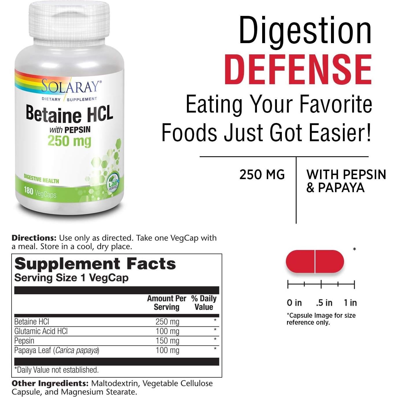 Solaray Betaína HCl con Pepsina 250 mg - 180 Cápsulas