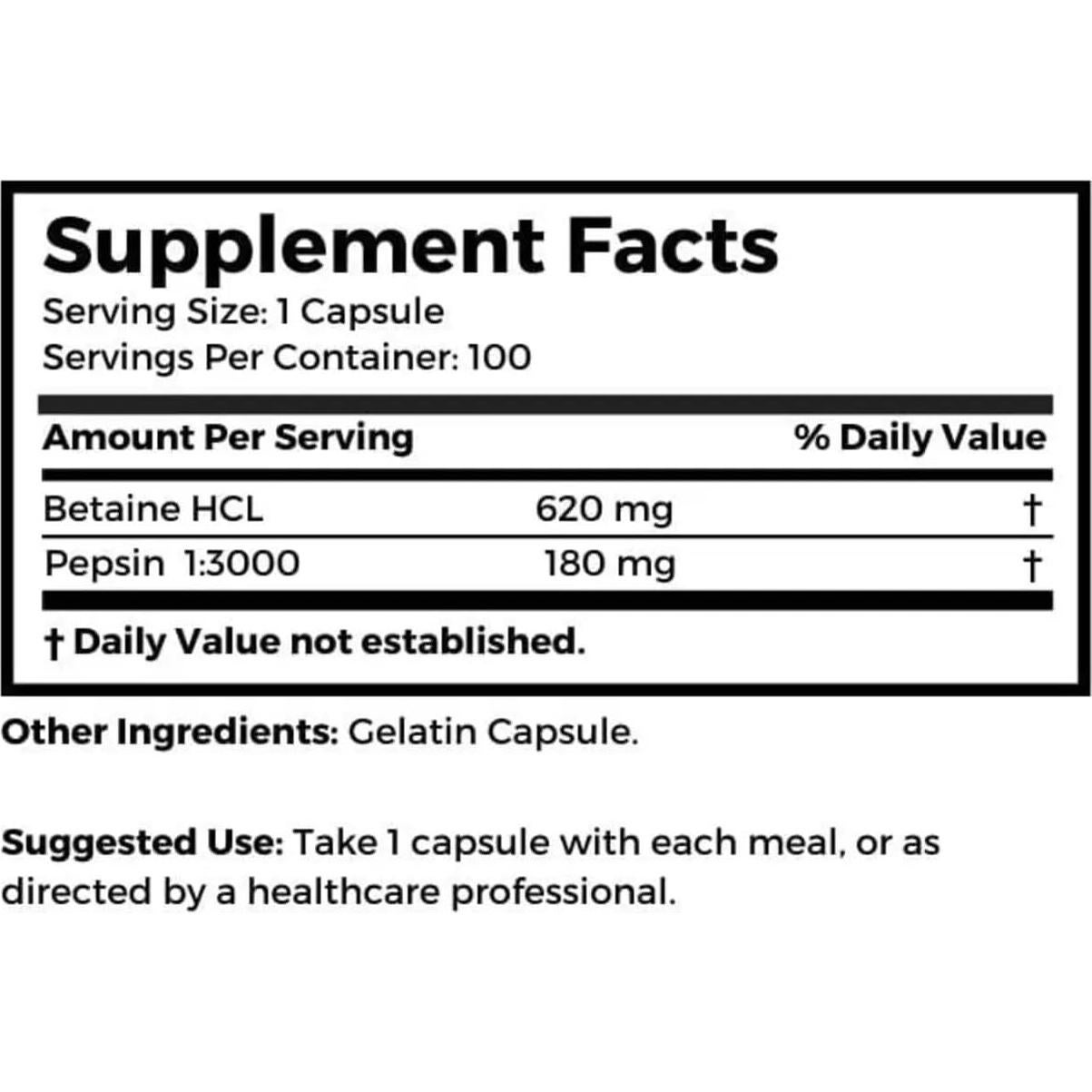 Suplemento Betaína HCL Dr. Clark 800mg 100 Cápsulas