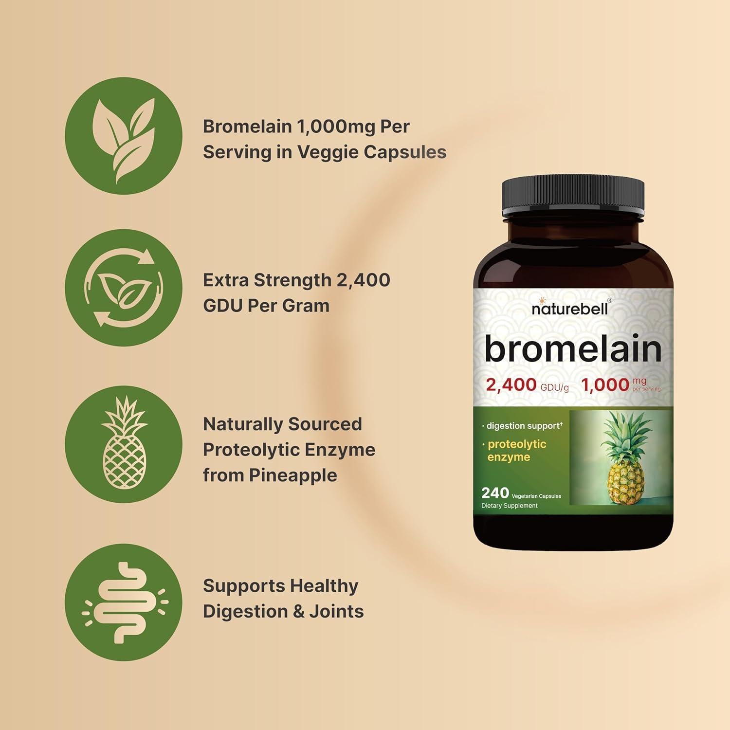 Bromelina NatureBell 1000mg 240 Cápsulas Vegetales Digestivas
