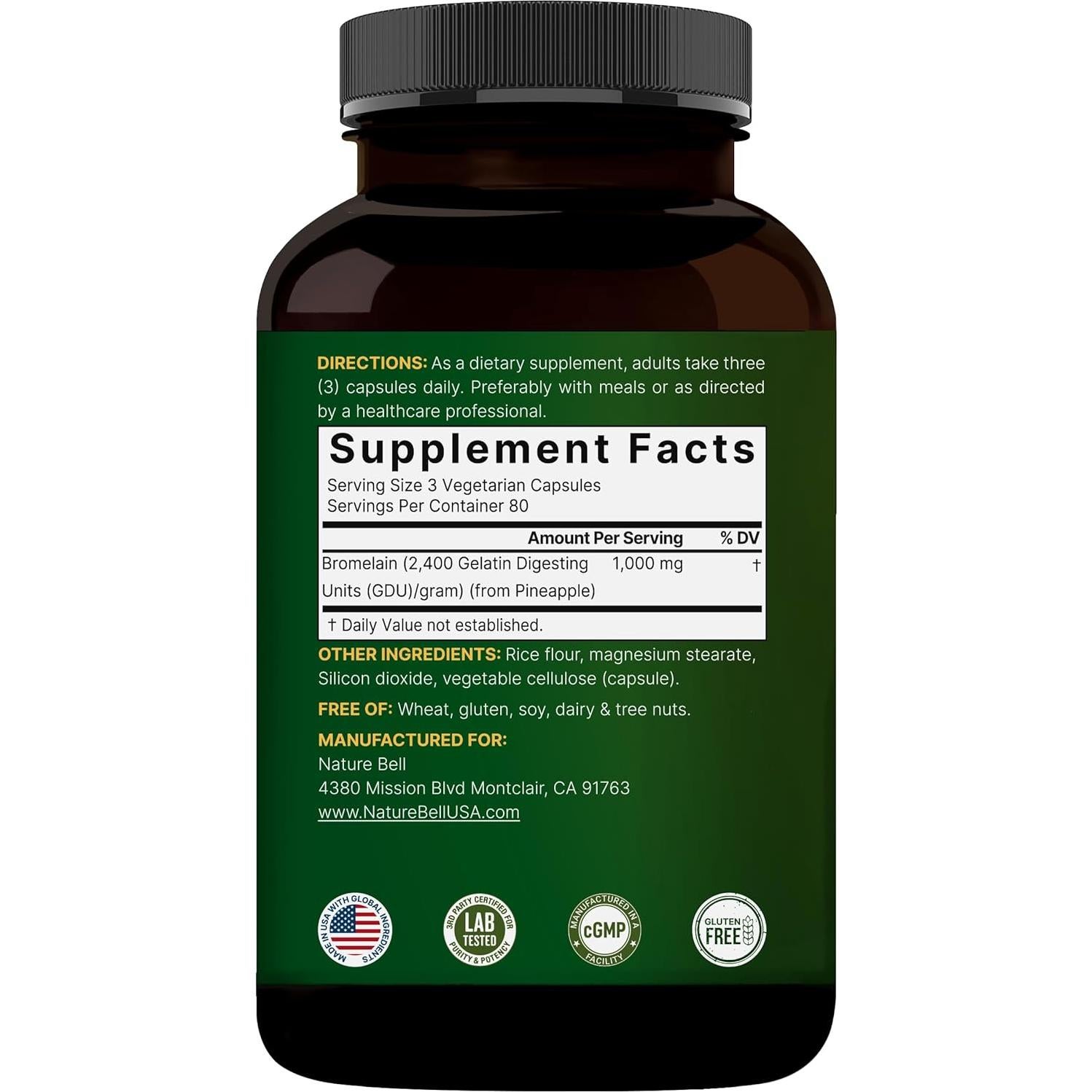 Bromelina NatureBell 1000mg 240 Cápsulas Vegetales Digestivas