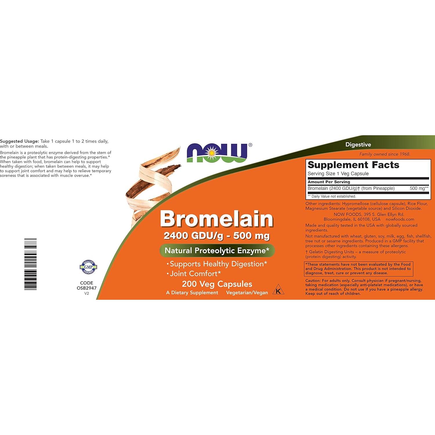 Bromelina 500 mg Now Foods - 200 Cápsulas Veganas