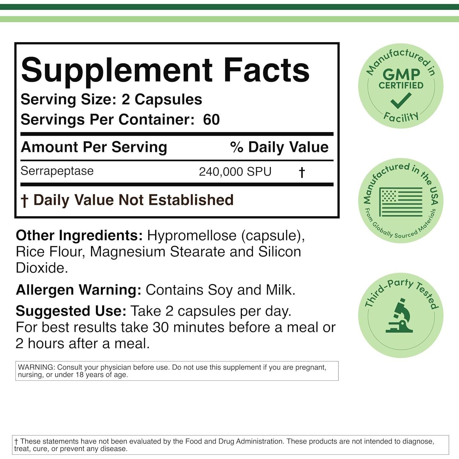 Serrapeptasa 240,000 SPU Double Wood - 120 Cápsulas Vegetales