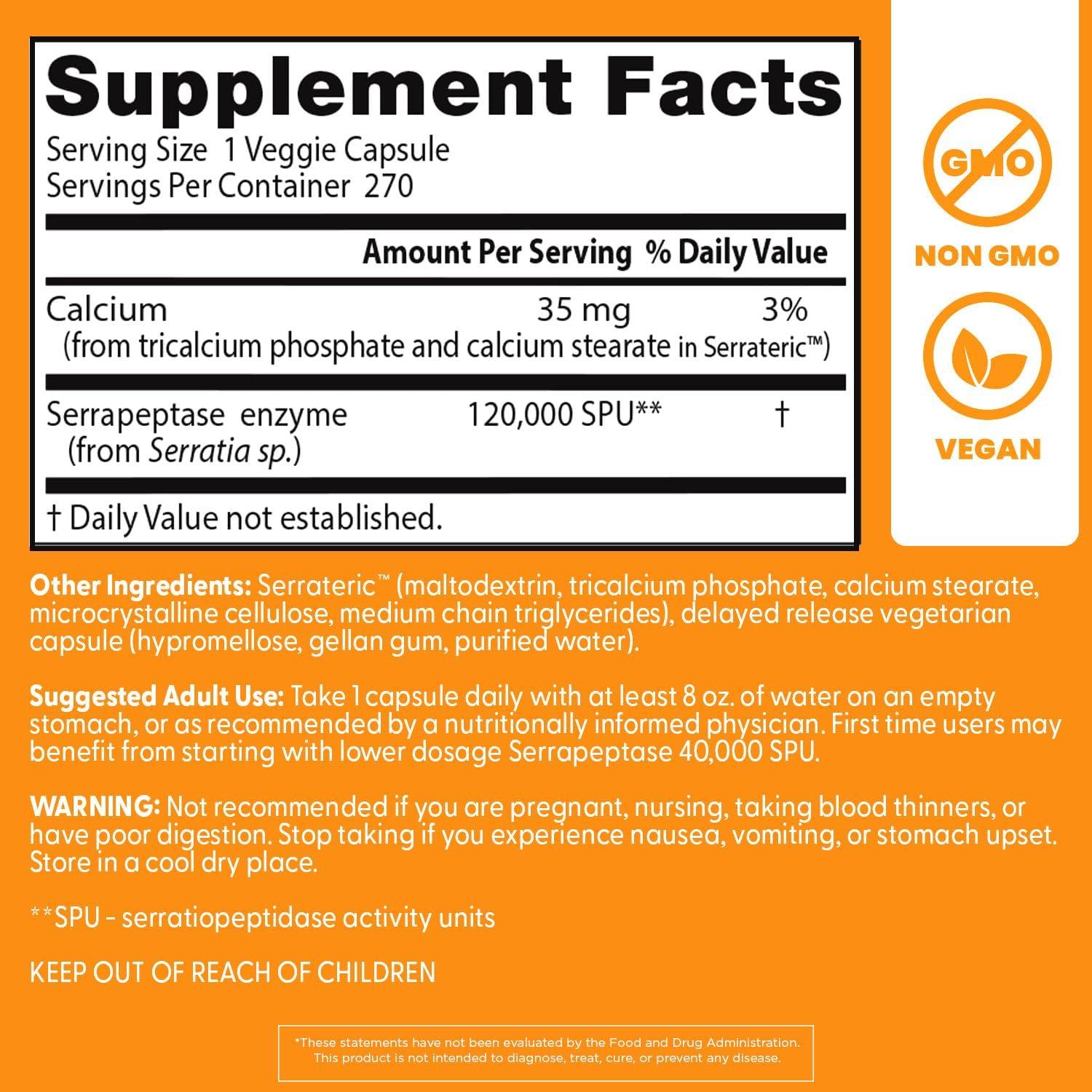 Serrapeptasa 120000 SPU Doctor's Best 270 Cápsulas Veganas