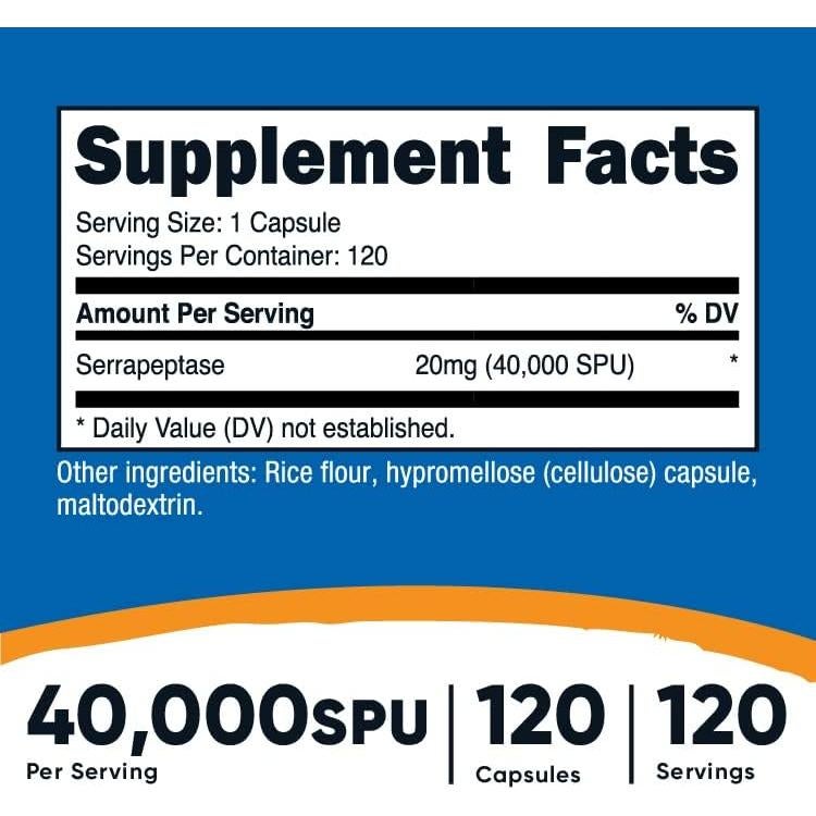 Suplemento Nutricost Serrapeptase 40,000 SPU - 120 Cápsulas Vegetarianas