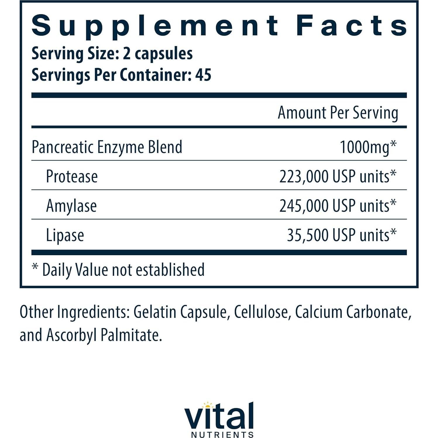 Vital Nutrients Enzimas Pancreáticas 1000mg 90 Cápsulas