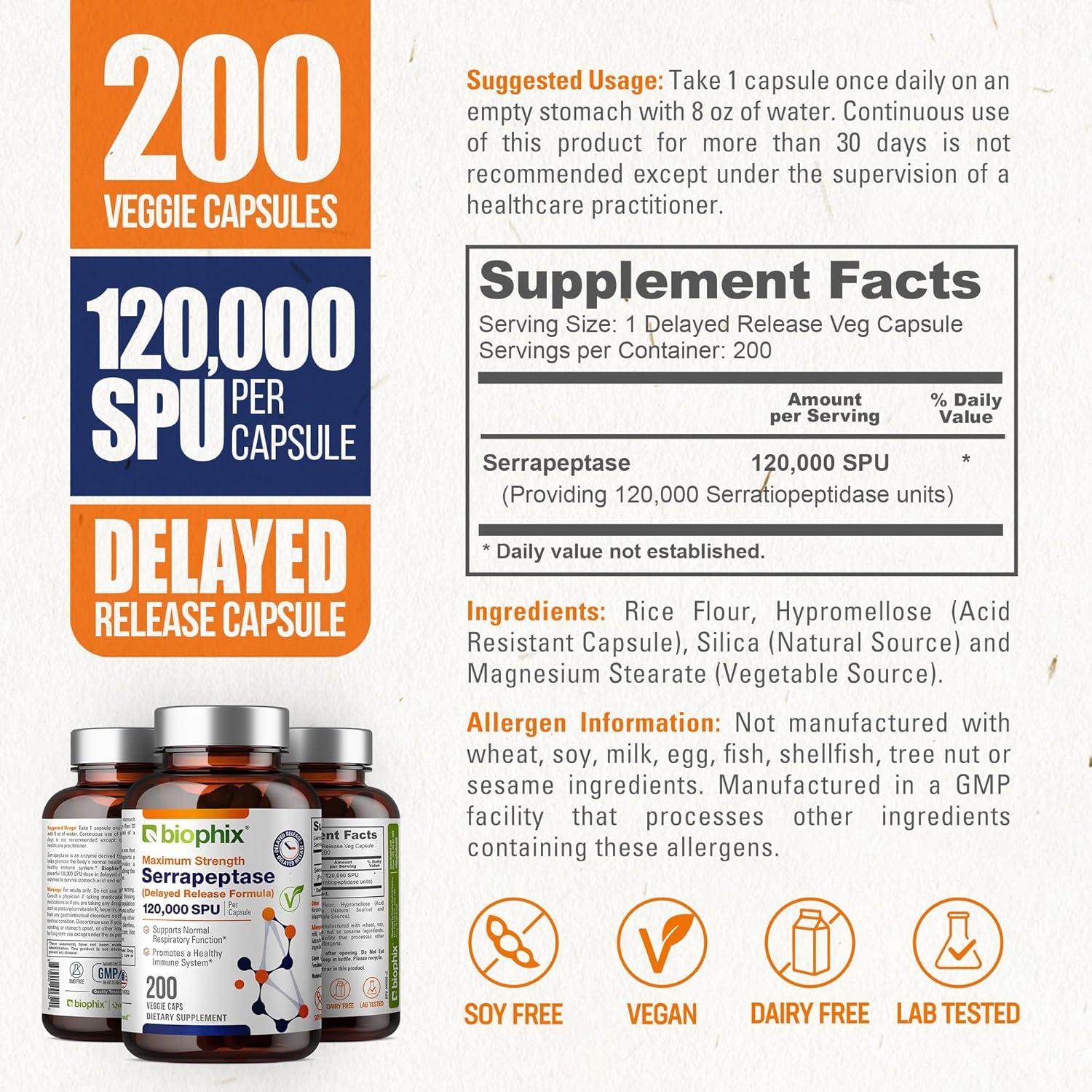 Suplemento de Serrapeptasa Biophix 120000 SPU 200 Cápsulas